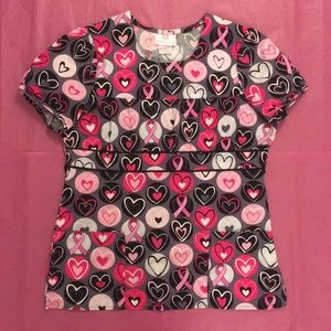 White Cross Pink Ribbons Hearts Scrub Top Small